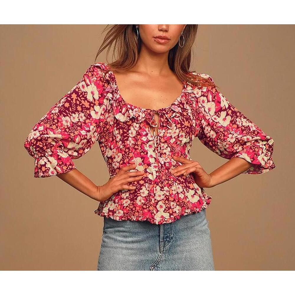 Free People Sweet Memories S Small Multi Floral Poet-Sleeve Print Ruffled Fruit